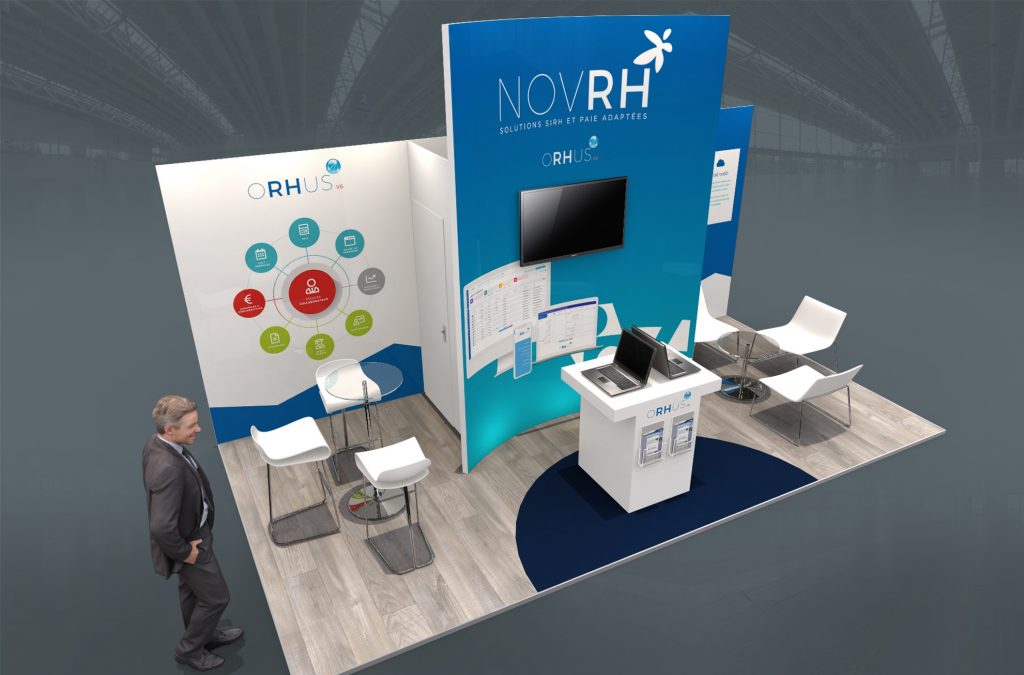 Stand sur-mesure NOV RH sur les salons SOLUTIONS RH, SANTEXPO et H EXPO