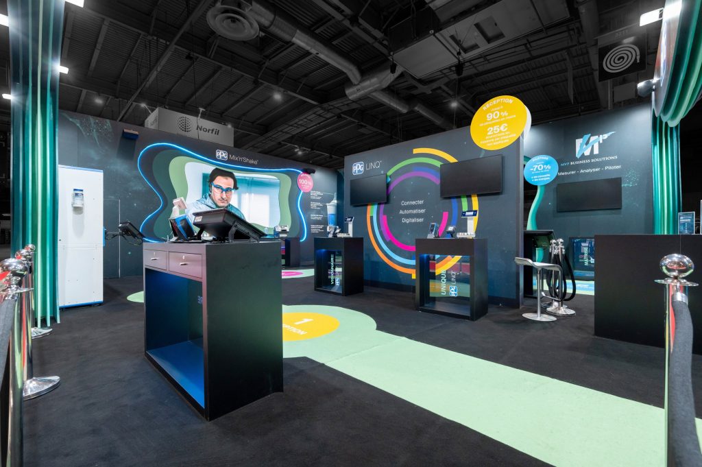 Detailed view of the visitor area of the custom-built stand created by R2 Stand and Event for its client PPG at the Equipauto trade show.